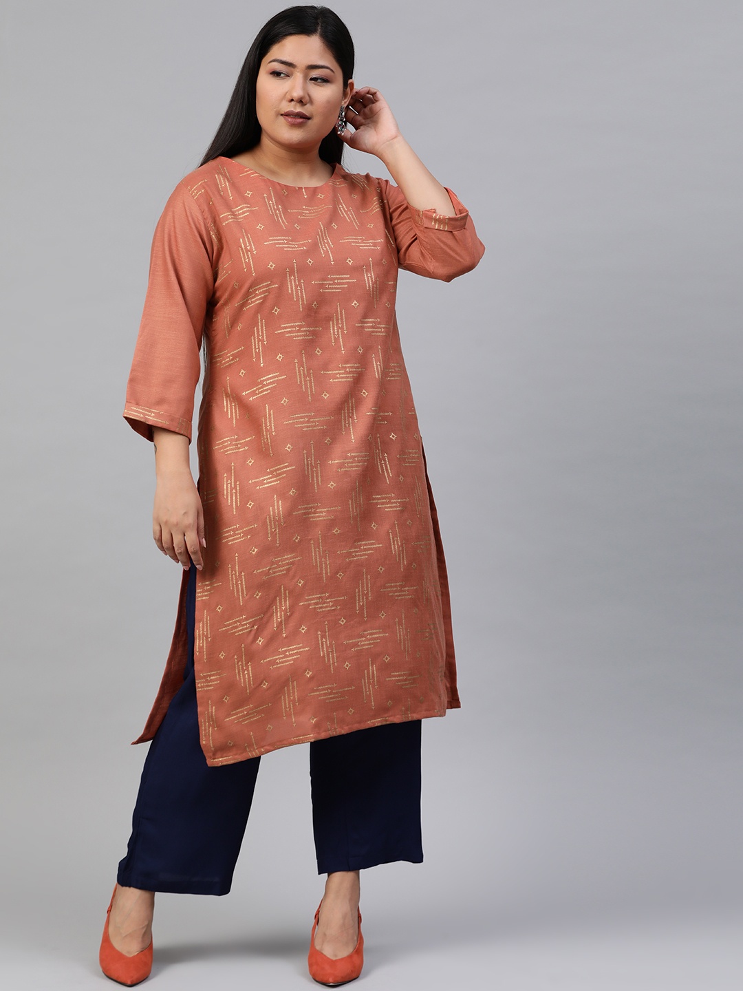 

Anyuka Women Rust Brown & Golden Printed Straight Kurta