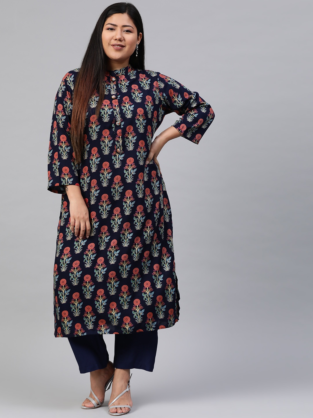 

Anyuka Women Navy Blue & Peach-Coloured Printed Straight Kurta