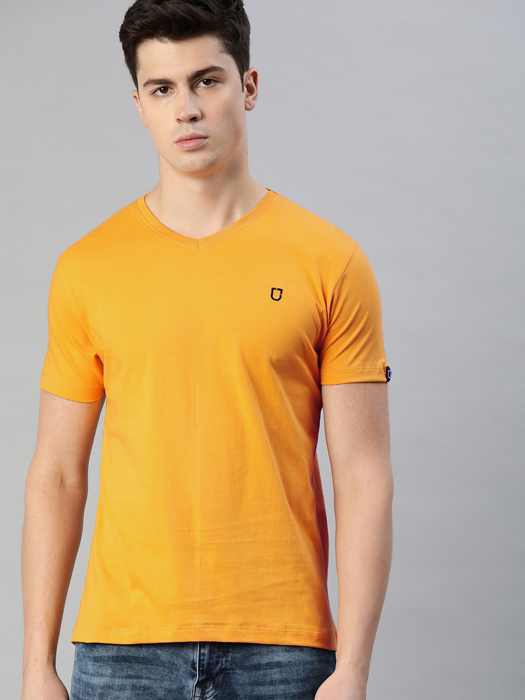 

Urbano Fashion Men Mustard Yellow Slim Fit Solid V-Neck Pure Cotton T-shirt