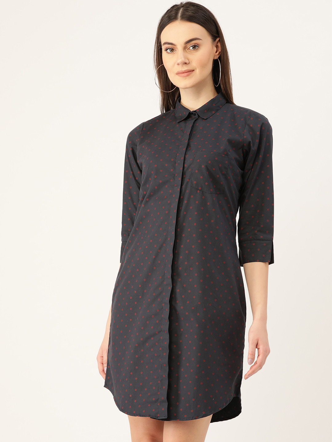 

Hancock Women Charcoal Grey & Maroon Printed Formal Shirt Dress