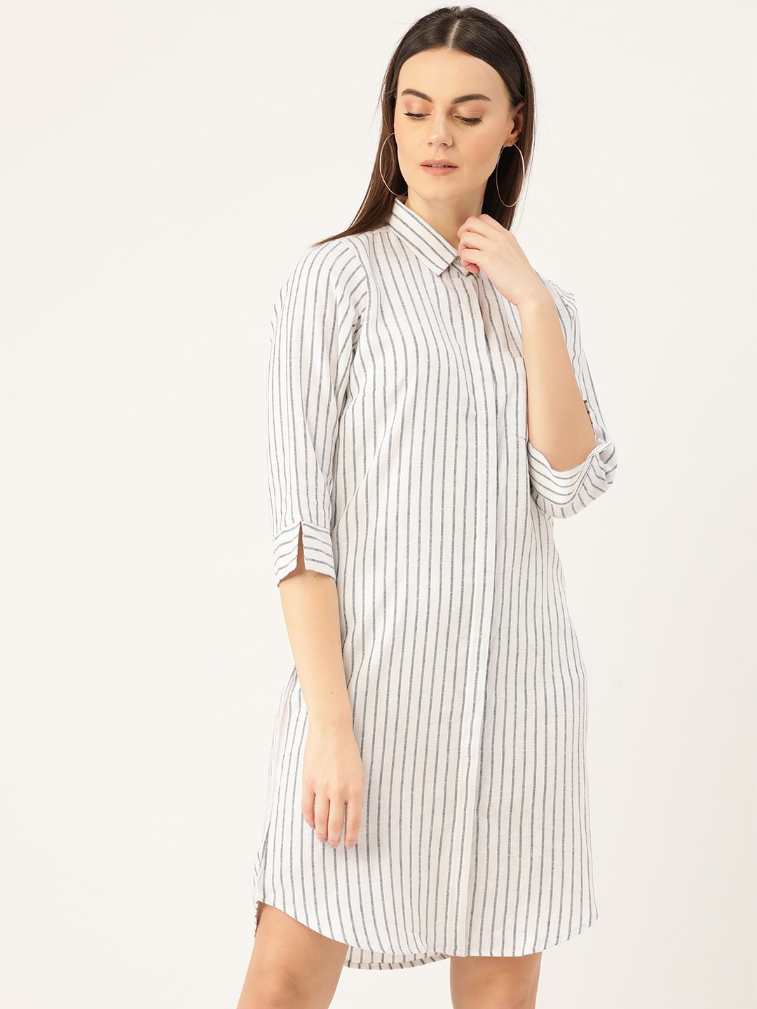 

Hancock Women Off-White & Navy Blue Striped Linen Shirt Dress