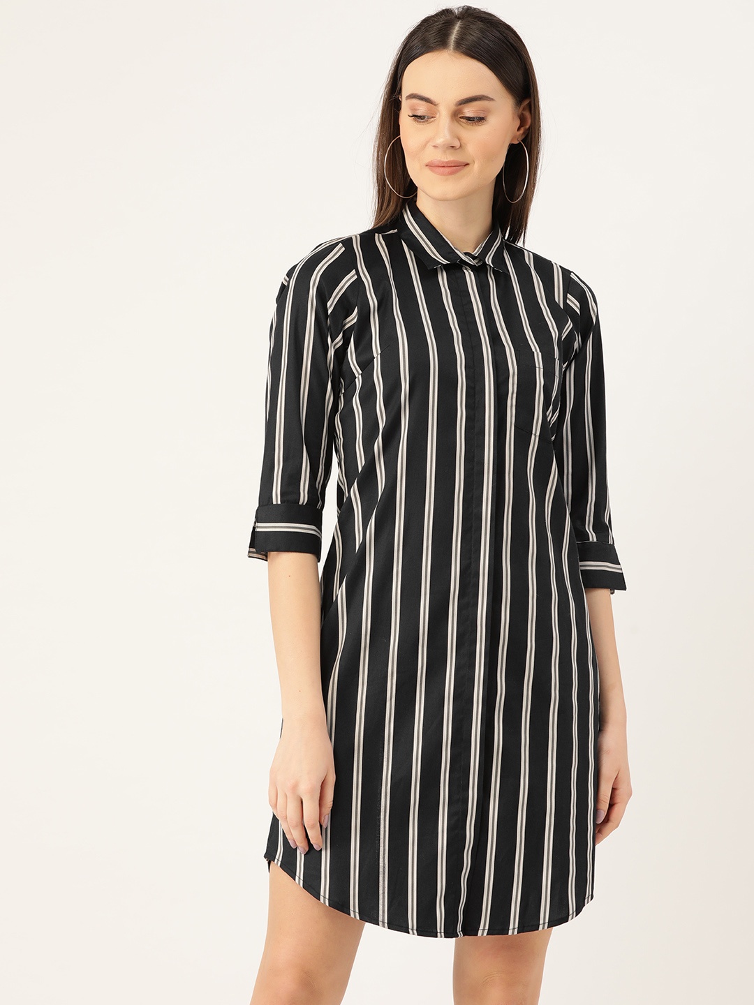 

Hancock Women Black & White Striped Formal Shirt Dress