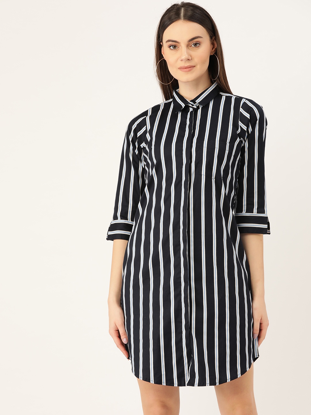 

Hancock Women Navy Blue & White Striped Shirt Dress