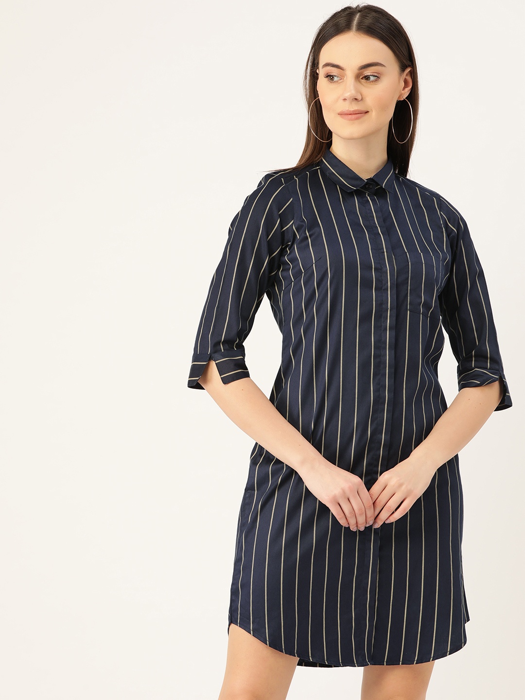 

Hancock Women Navy Blue & Beige Striped Formal Shirt Dress