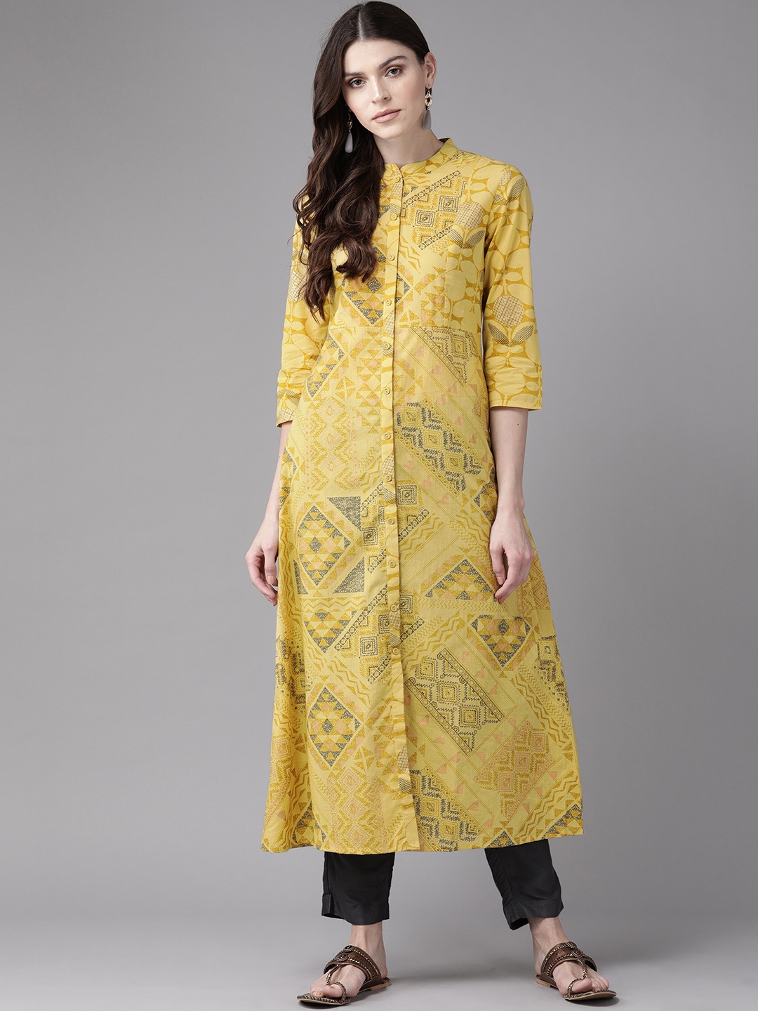 

Indo Era Women Mustard Yellow & Grey Foil Print A-Line Kurta