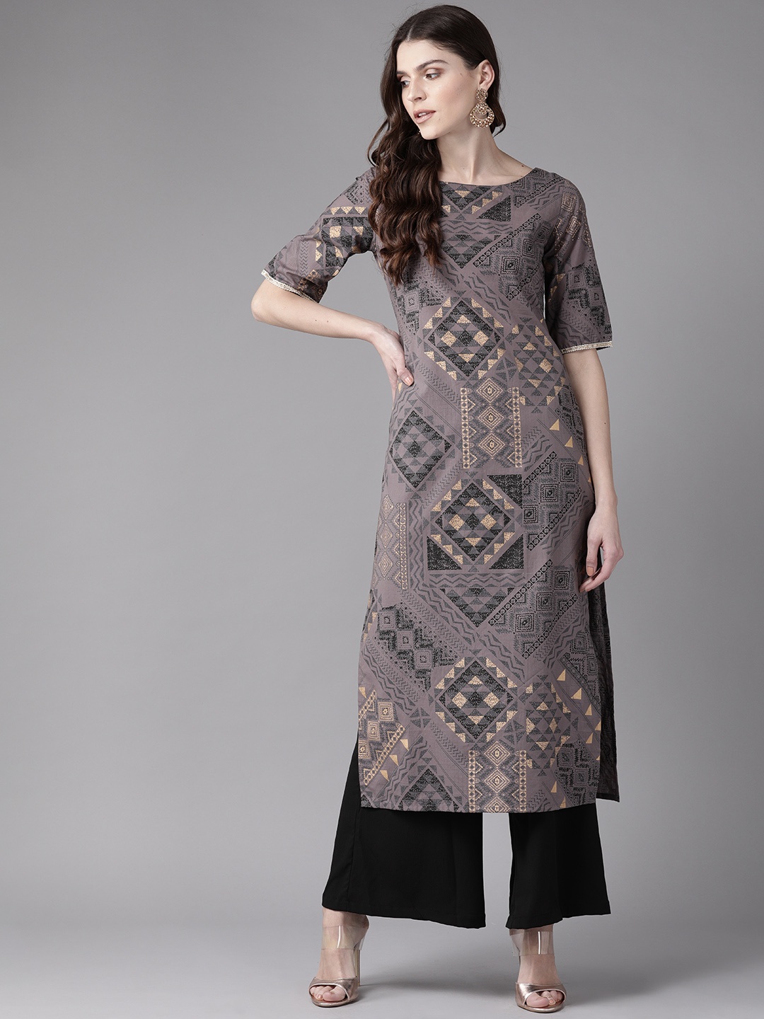 

Indo Era Women Charcoal Grey & Golden Foil Print Straight Kurta
