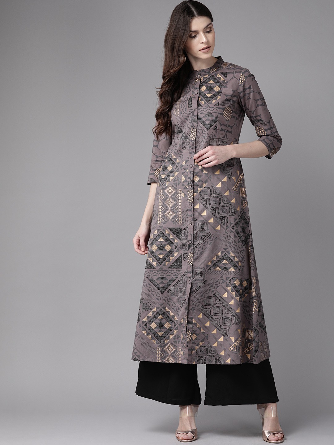 

Indo Era Women Charcoal Grey & Golden Foil Print A-Line Kurta