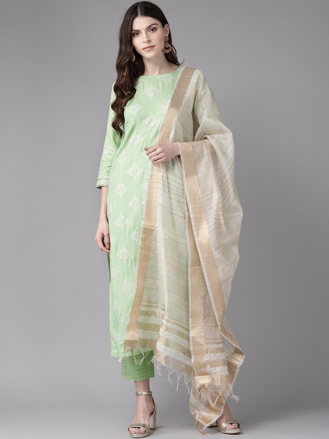 

Indo Era Women Green & White Foil Printed Kurta with Trousers & Dupatta