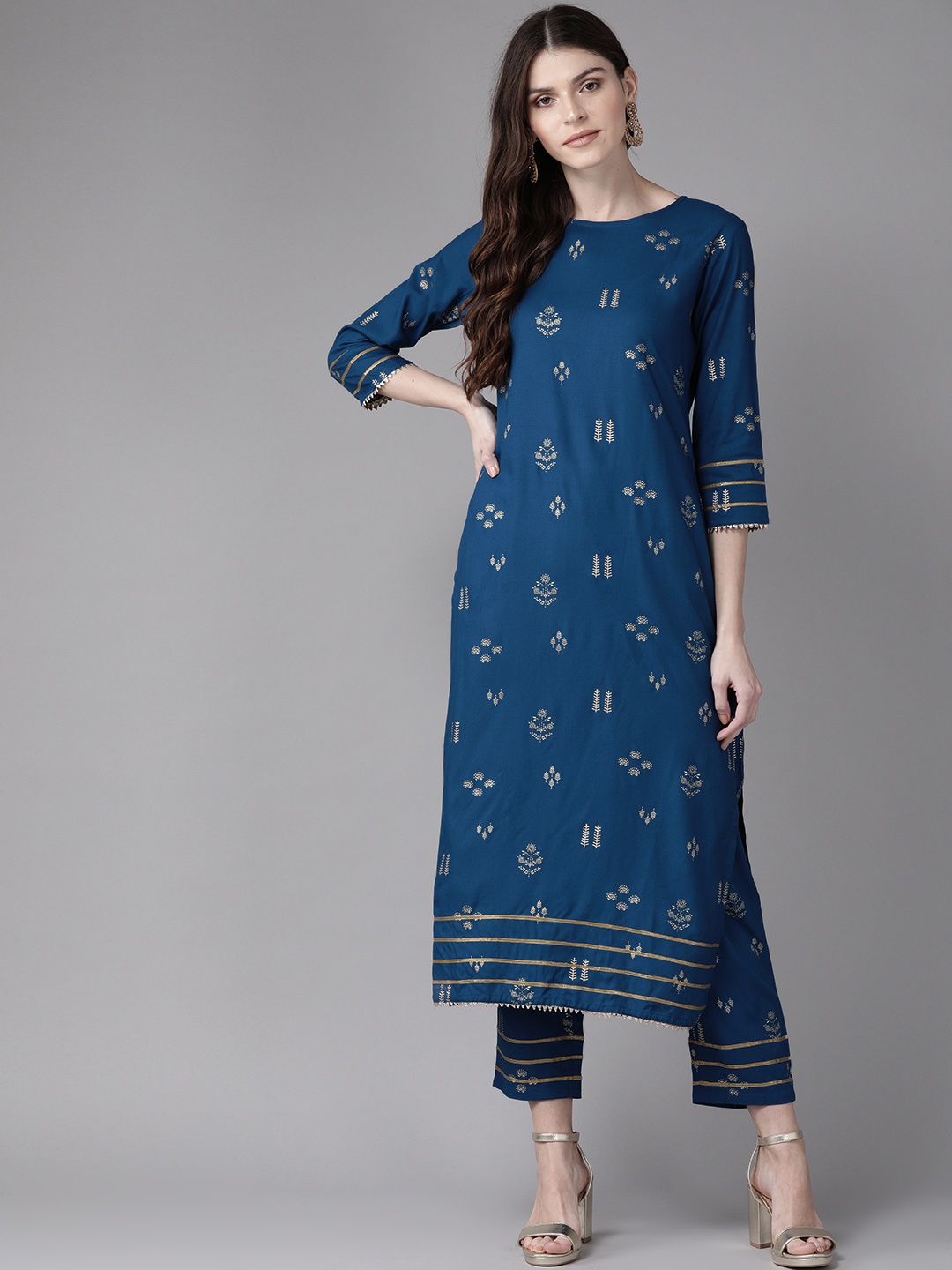 

Indo Era Women Teal Blue & Golden Foil Printed Kurta with Trousers