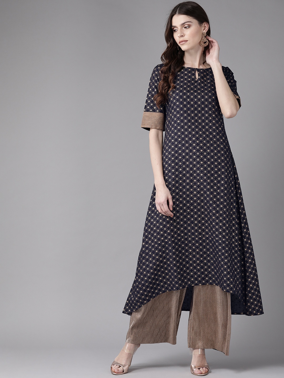 

Indo Era Women Navy Blue & Golden Foil Print High-Low A-Line Kurta