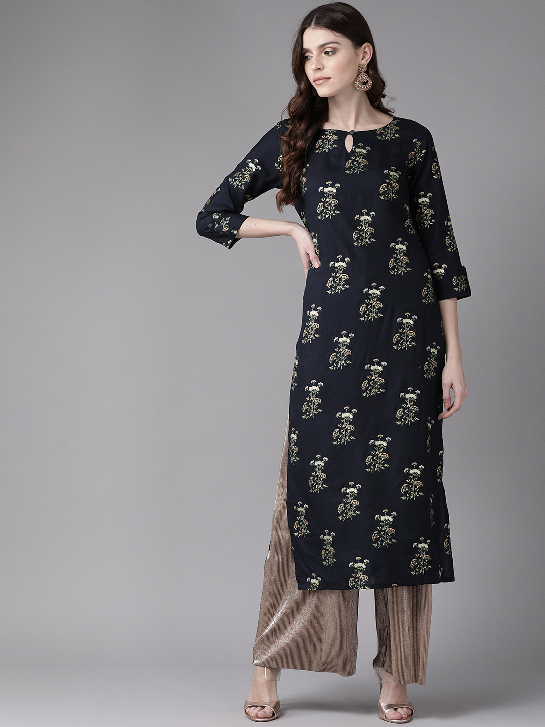 

Indo Era Women Navy Blue & Green Foil Printed Straight Kurta