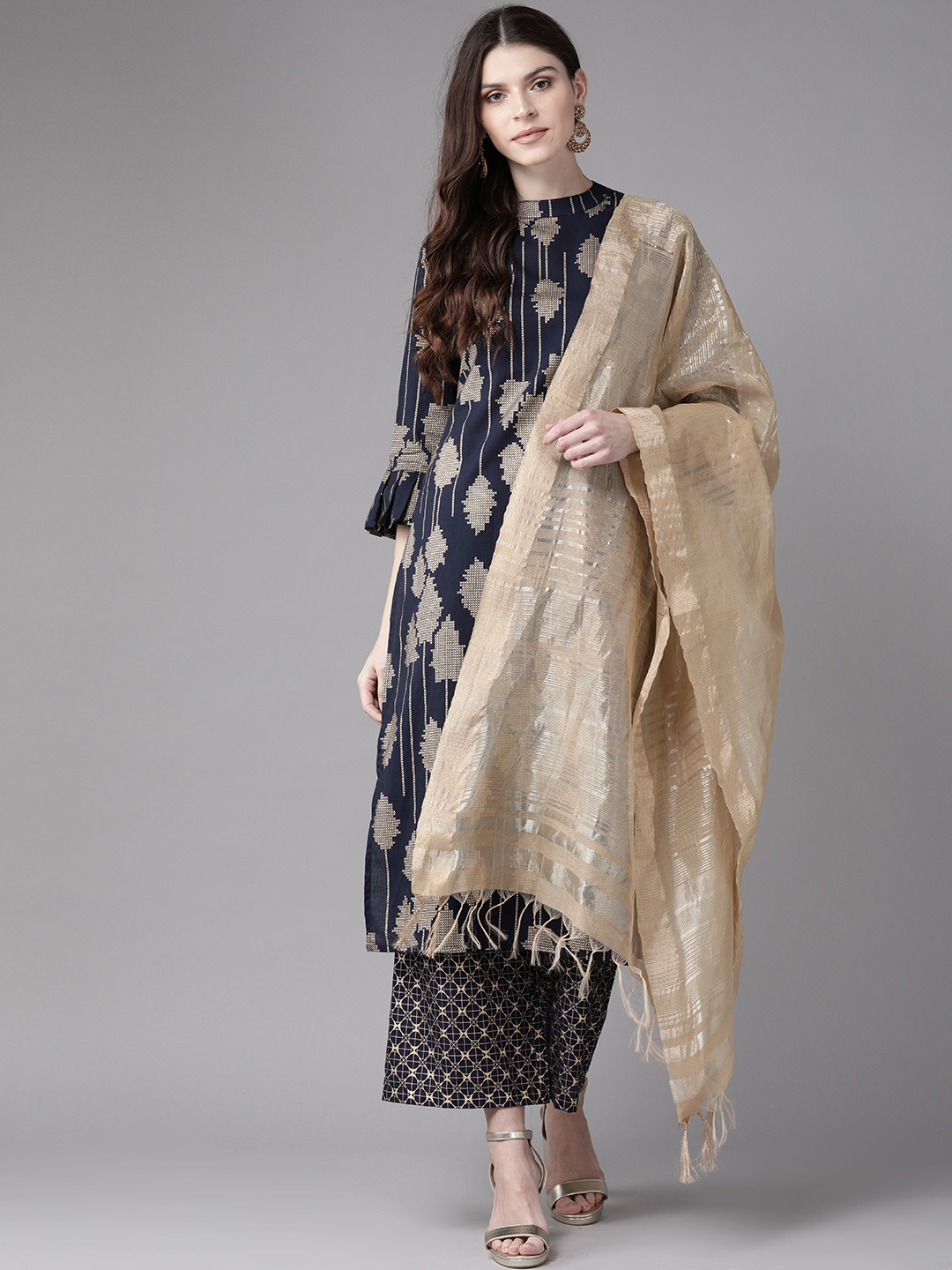 

Indo Era Women Navy Blue & Golden Foil Print Kurta with Palazzos & Dupatta