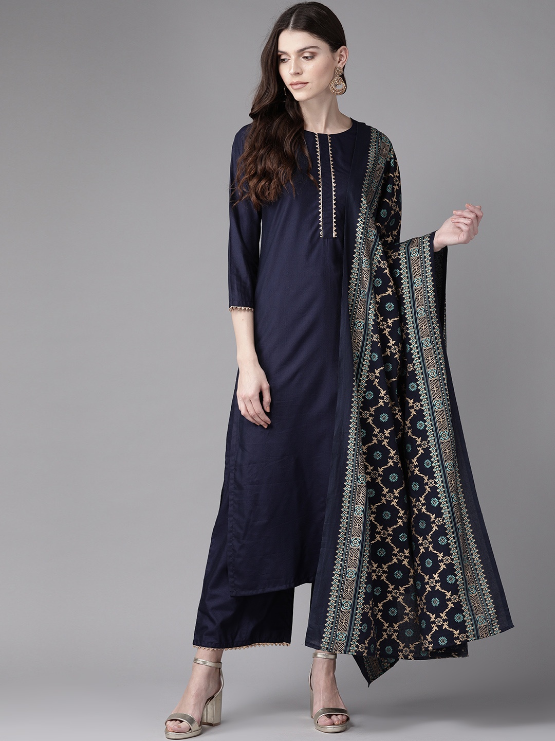 

Indo Era Women Navy Blue Solid Kurta with Palazzos & Dupatta