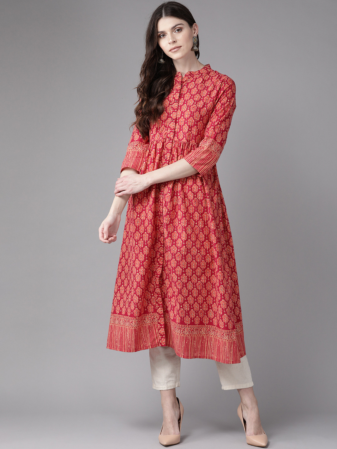 

Indo Era Women Pink & Peach-Coloured Block Print A-Line Kurta