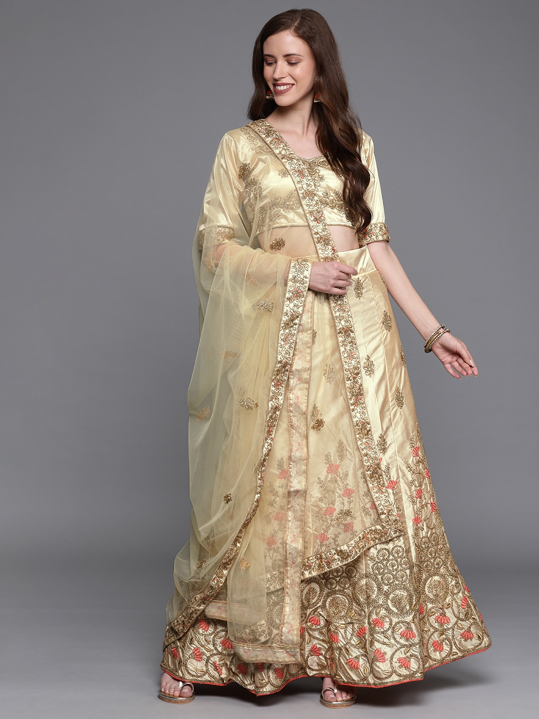 

Mitera Beige & Gold-Toned Embroidered Semi-Stitched Lehenga & Unstitched Blouse with Dupatta