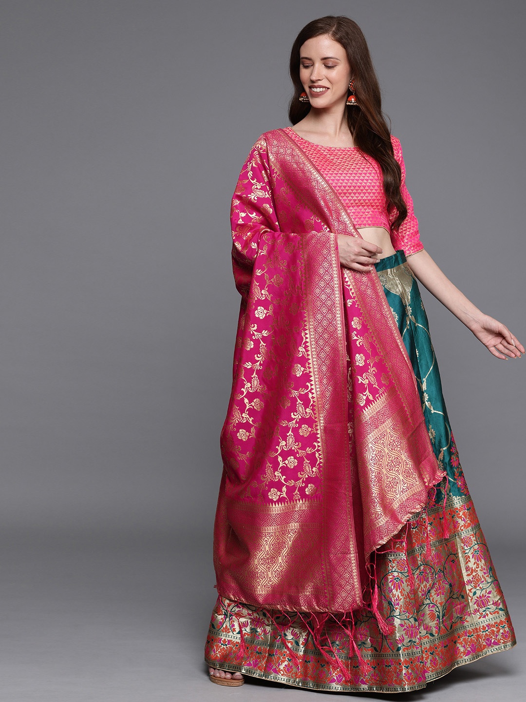 

Mitera Green & Pink Woven Design Semi-Stitched Lehenga & Unstitched Blouse with Dupatta, Teal