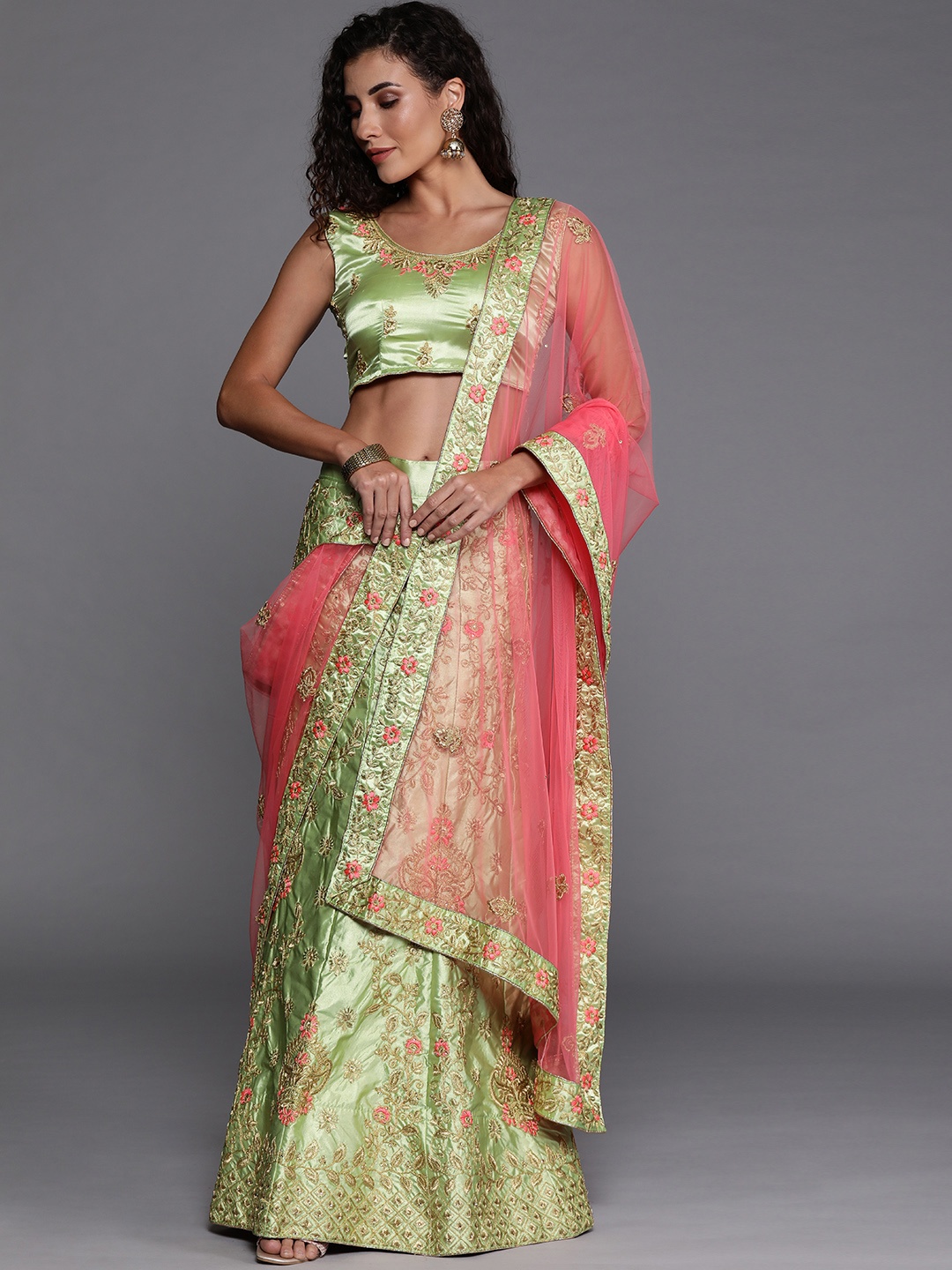 

Mitera Green Embroidered Semi-Stitched Lehenga & Unstitched Blouse with Dupatta