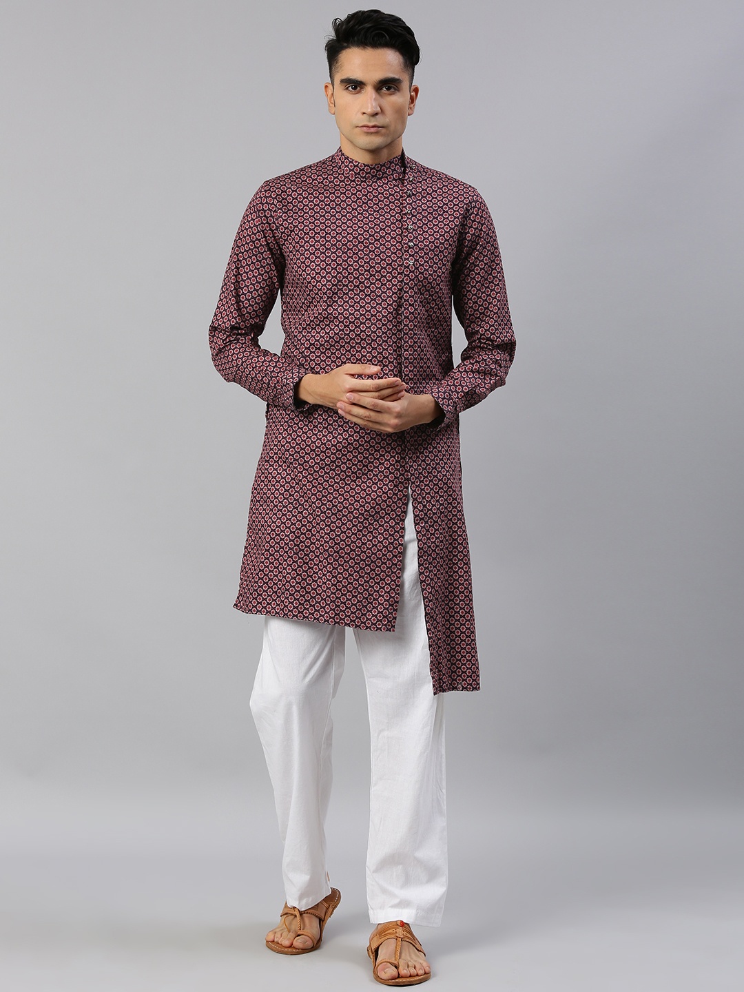 

Freehand Men Maroon & Navy Blue Printed Asymmetric Kurta