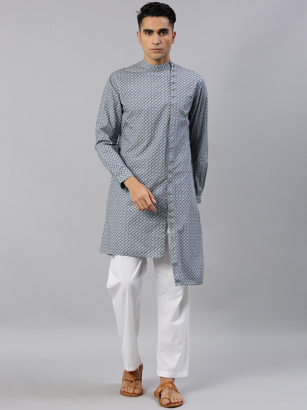 

Freehand Men Grey & Navy Blue Printed Asymmetric Straight Kurta