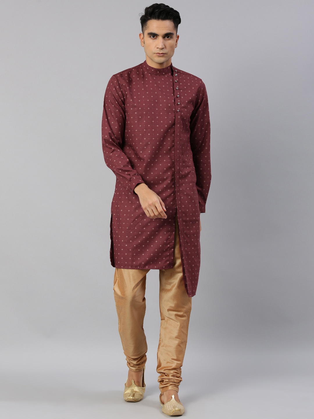 

Freehand Men Maroon & Beige Printed Straight Asymmetric Kurta