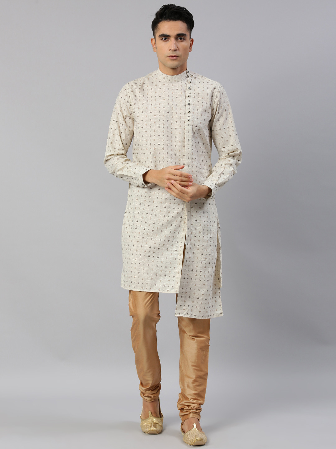 

Freehand Men Cream-Coloured & Brown Printed Straight Asymmetric Kurta
