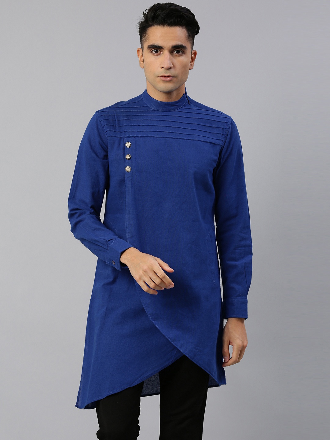 

Freehand Men Navy Blue Solid Asymmetric Straight Layered Kurta