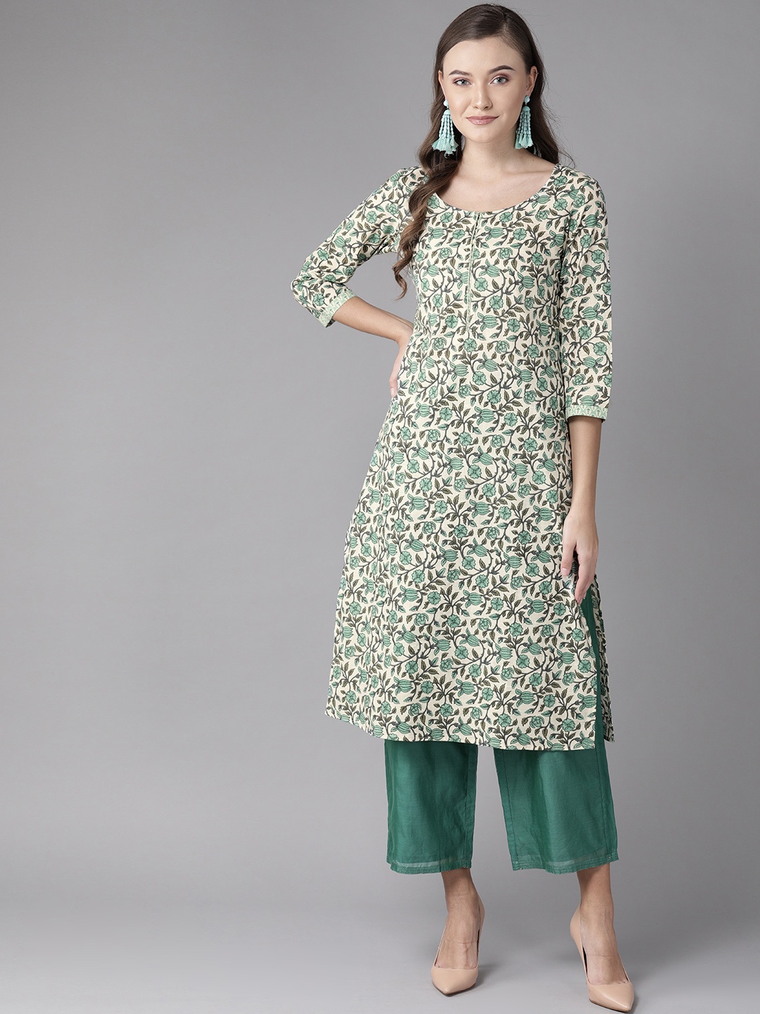 

anayna Women Off-White & Green Printed Straight Kurta