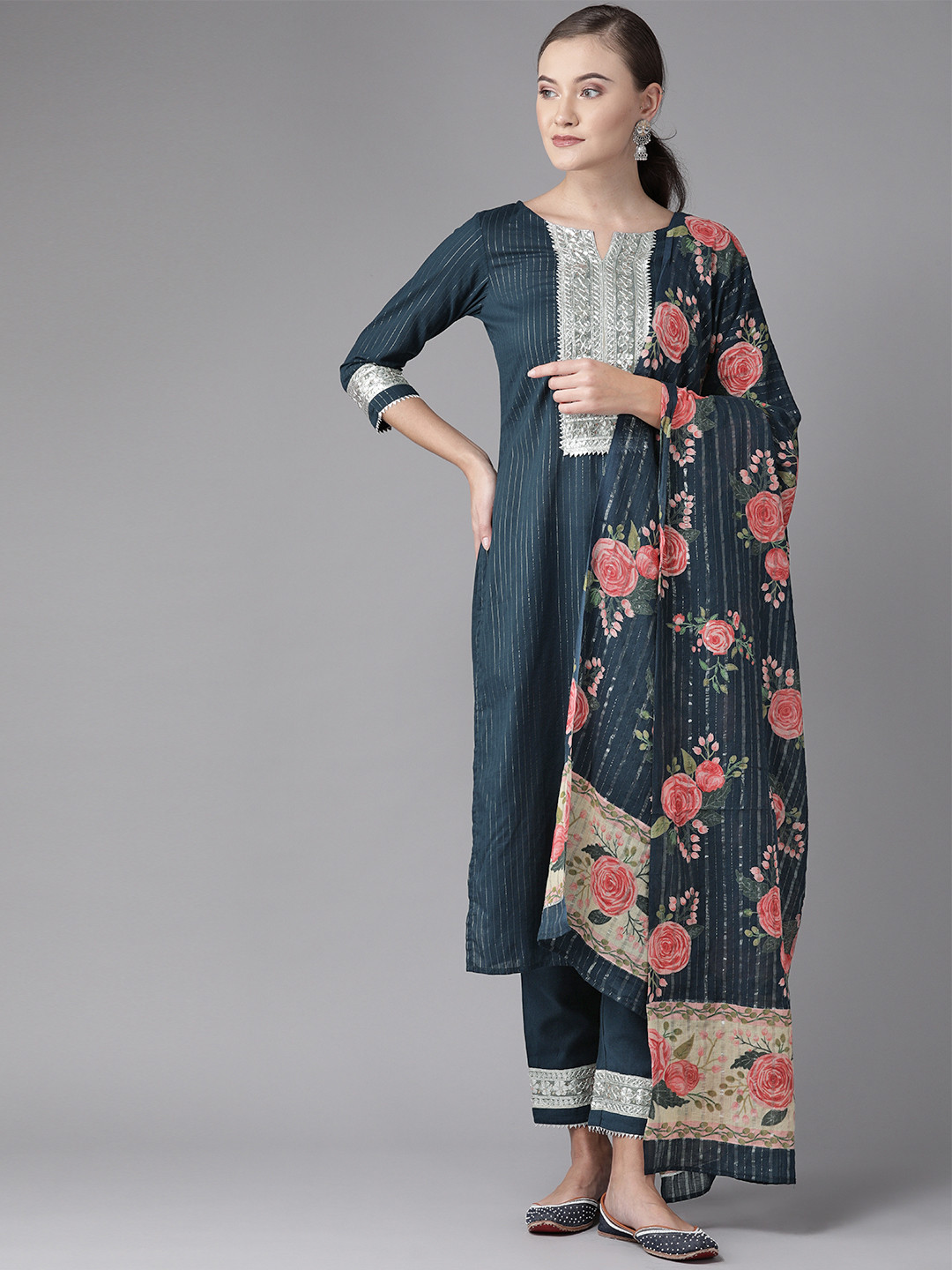 

anayna Women Navy Blue & Silver Self-Striped Kurta with Trousers & Dupatta