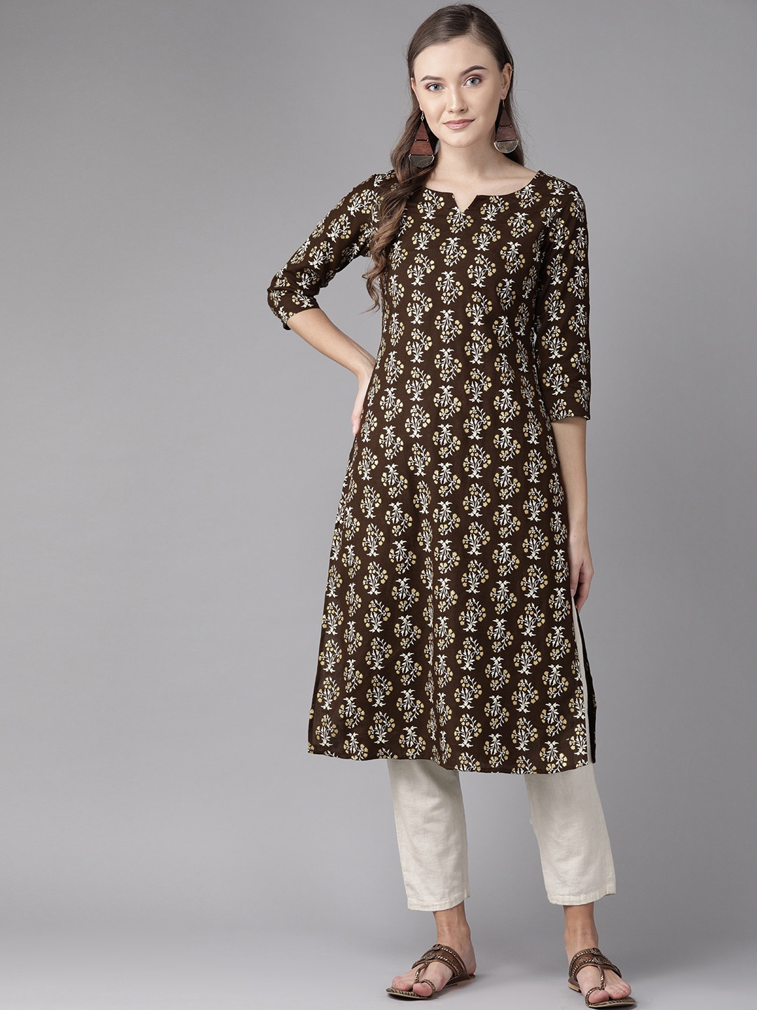 

anayna Women Coffee Brown & Off-White Printed Straight Kurta