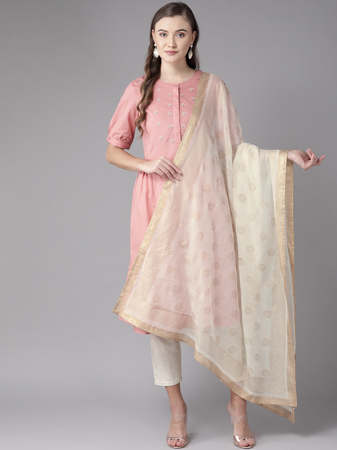 

anayna Off-White & Golden Kota Doriya Block Printed Dupatta