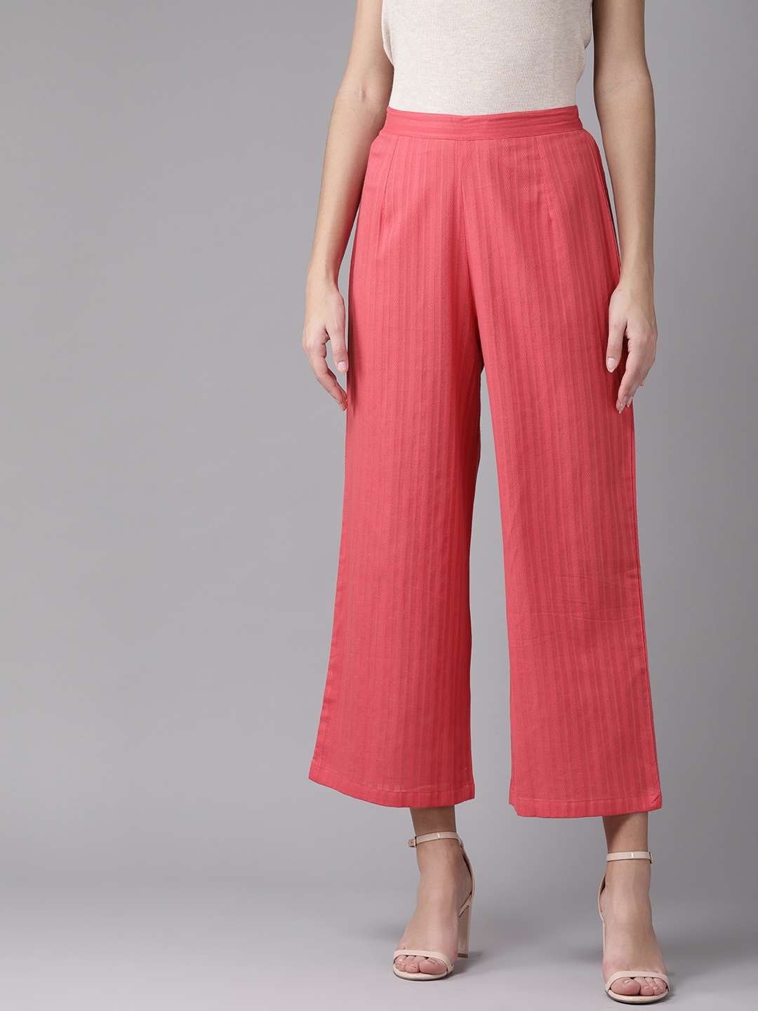 

anayna Women Coral Pink Self-Striped Straight Palazzos