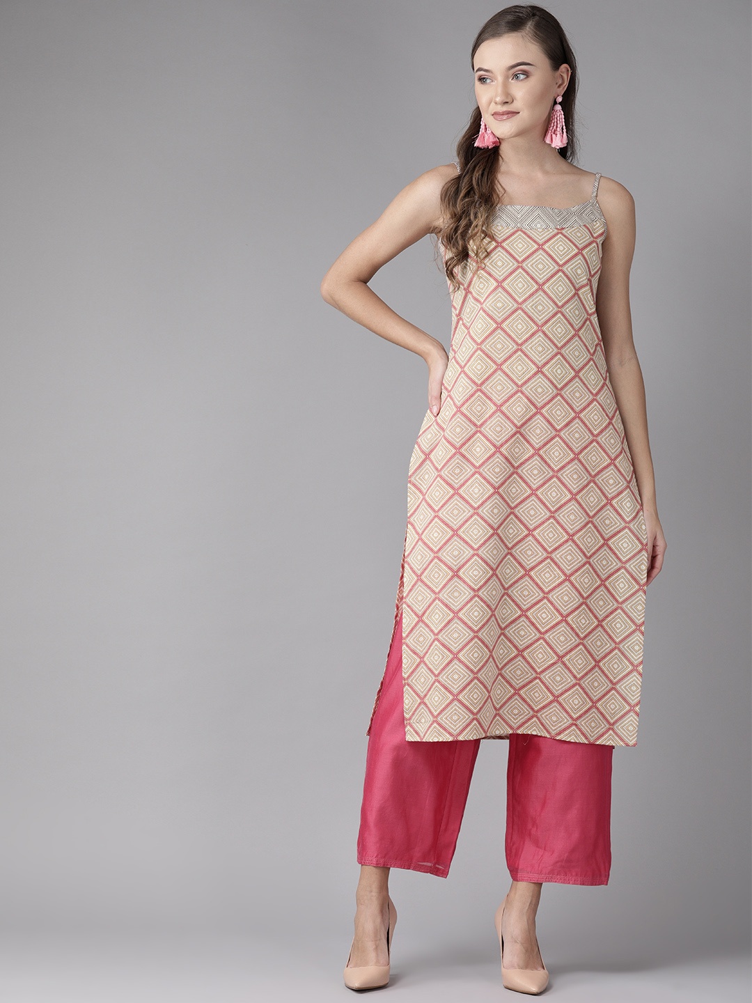 

anayna Women Beige & Pink Screen Print Straight Kurta