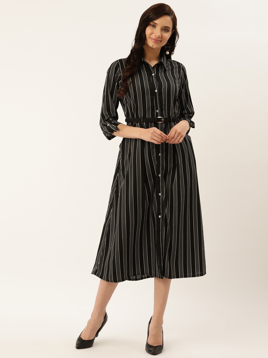 

plusS Women Black & White Striped Shirt Dress