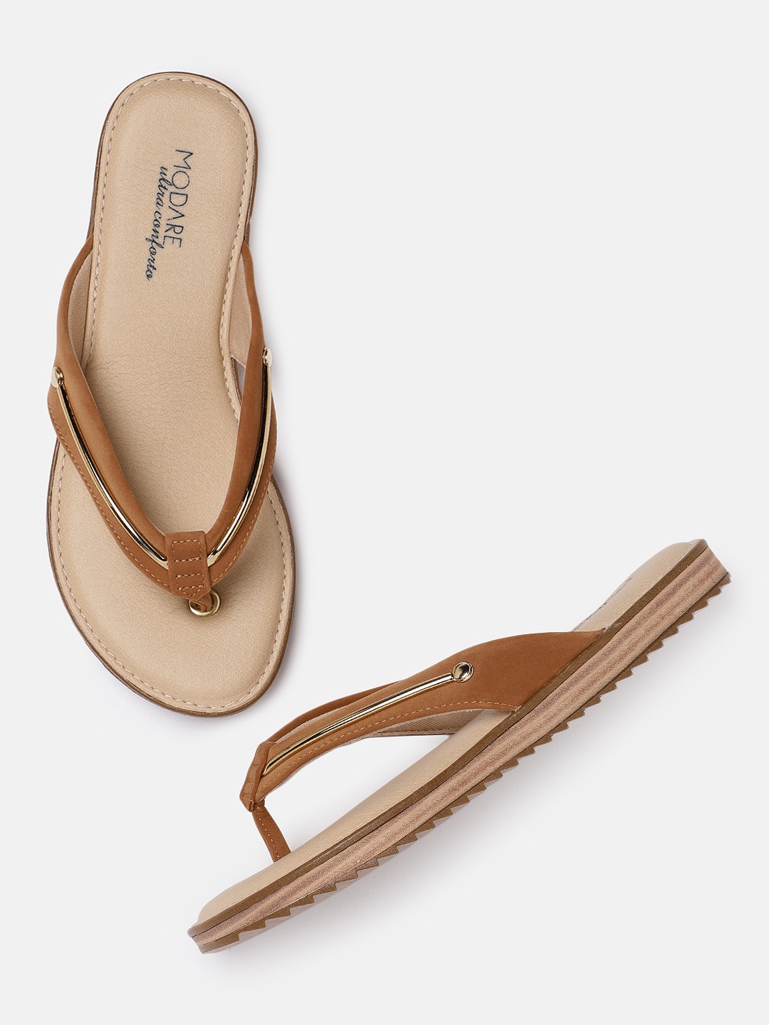 

MODARE Women Camel Brown & Gold-Toned Solid Open Toe Flats