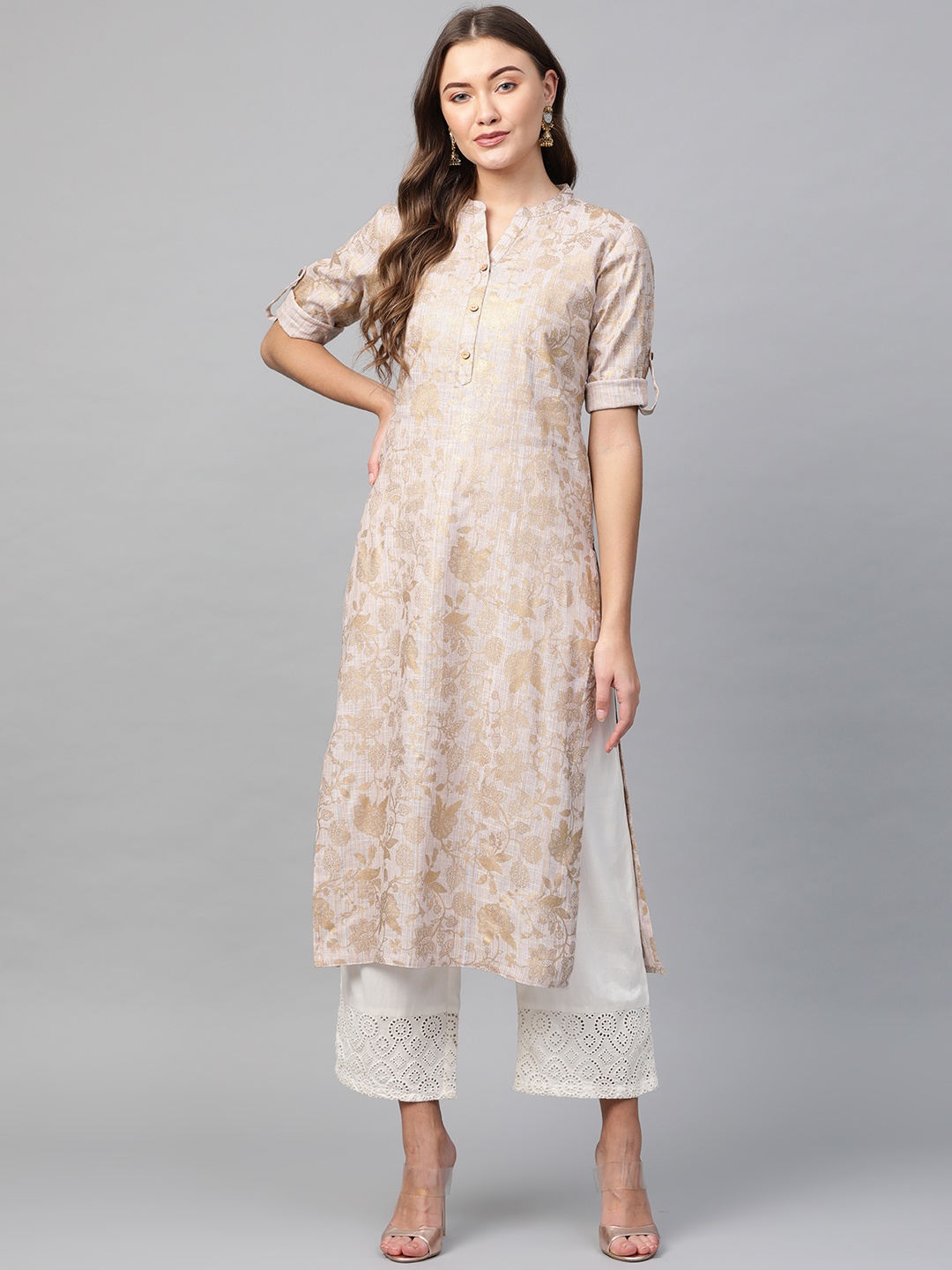 

KSUT Women Beige & Golden Floral Screen Print Straight Kurta