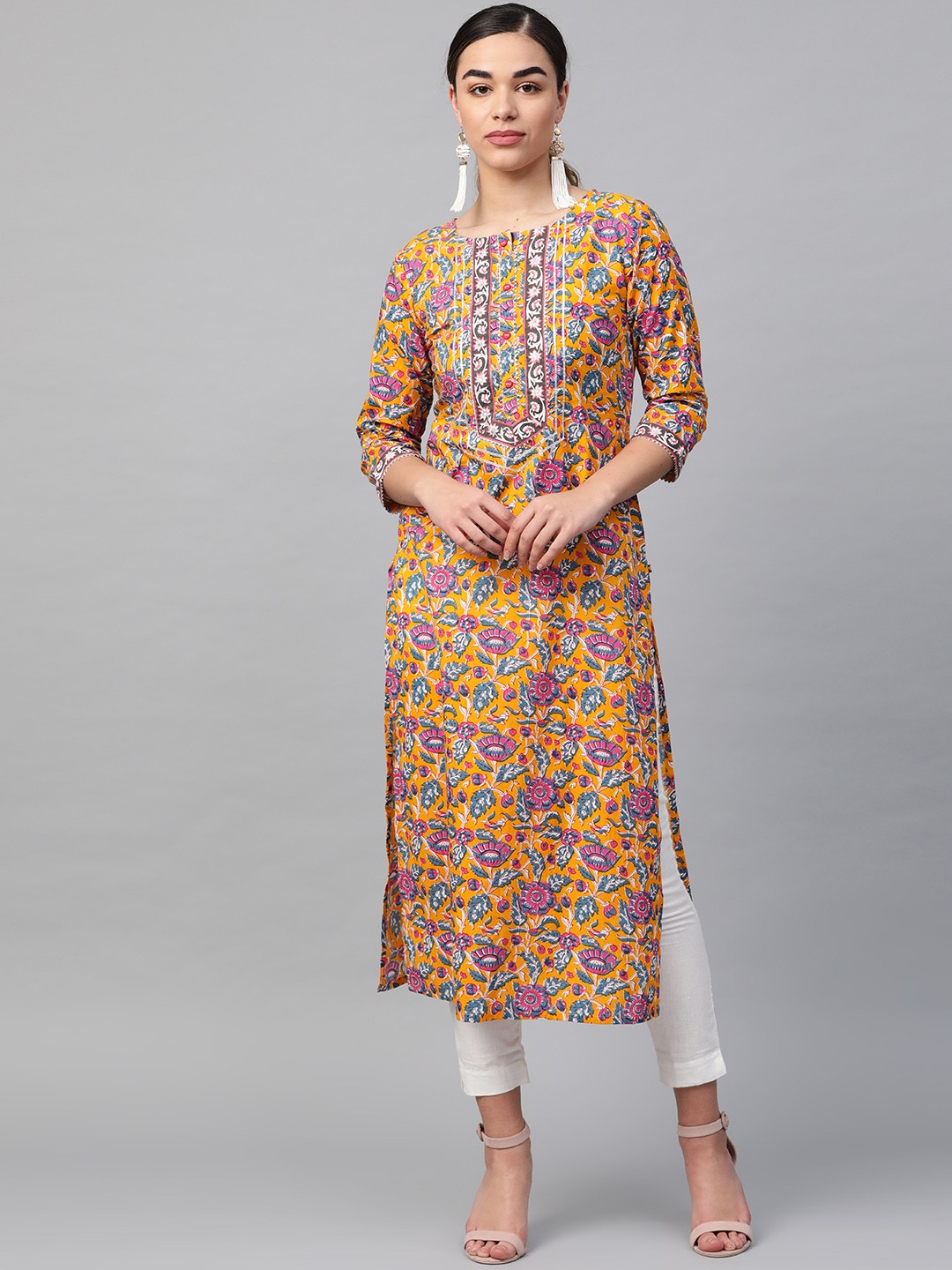 

KSUT Women Mustard Yellow & Blue Printed Straight Kurta