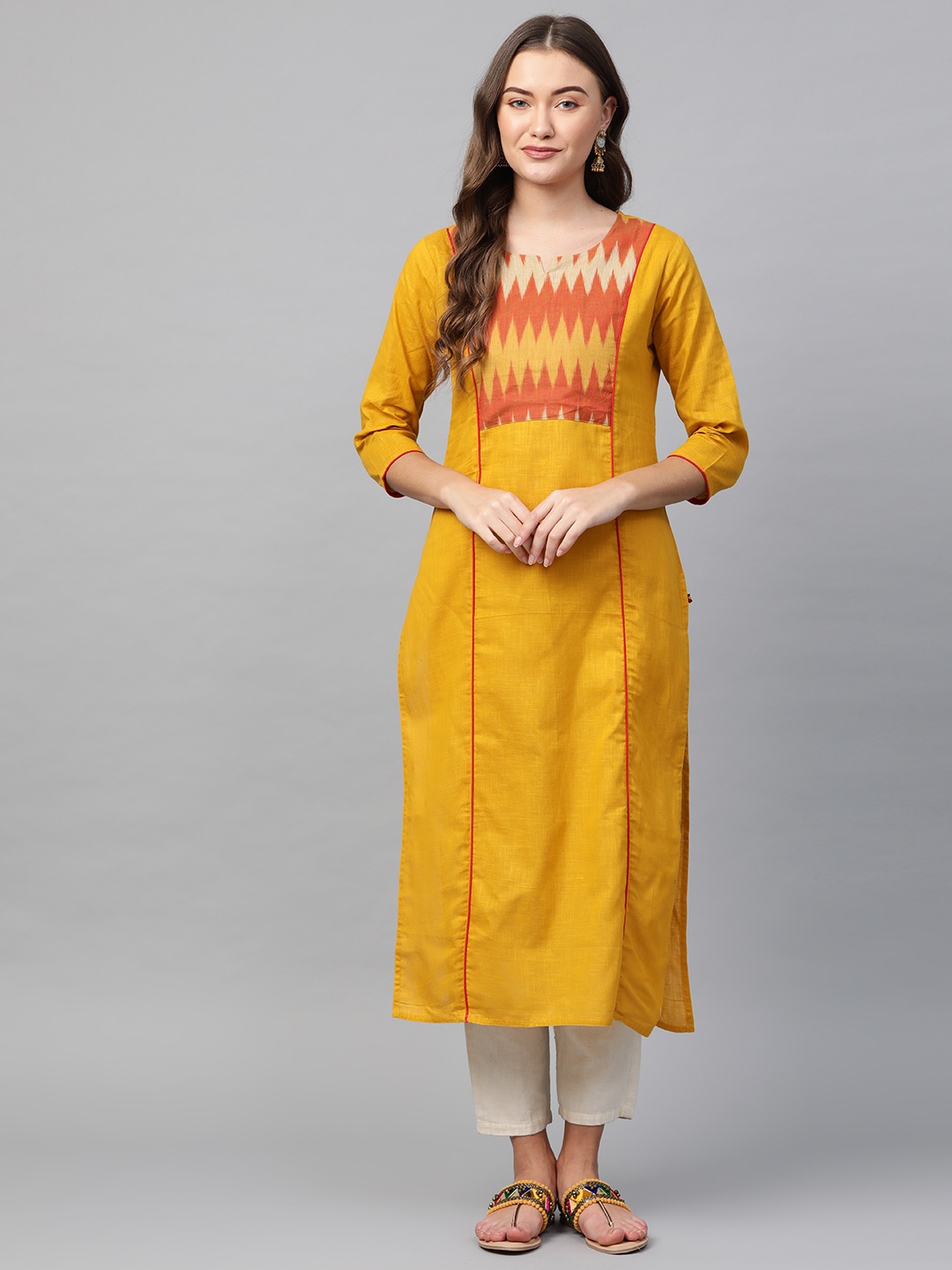 

KSUT Women Mustard Yellow & Rust Orange Handloom Ikat Yoke Design Straight Kurta