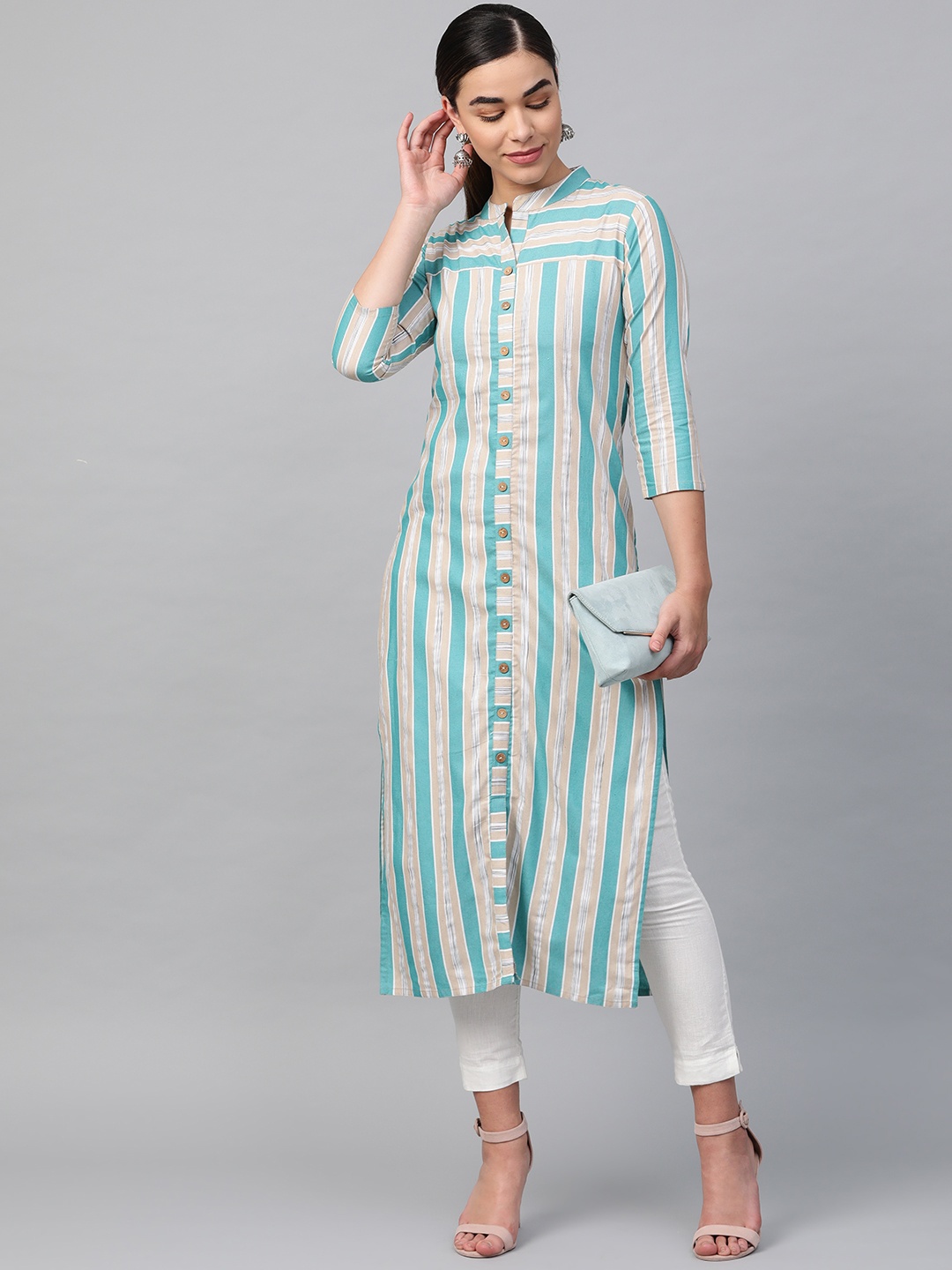 

KSUT Women Beige & Blue Striped Straight Kurta