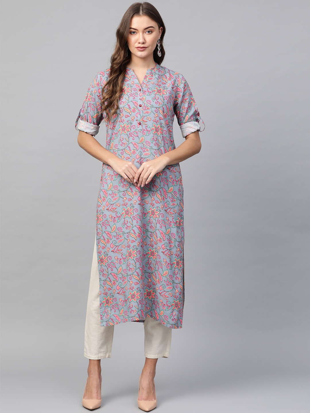 

KSUT Women Grey & Pink Printed Straight Kurta