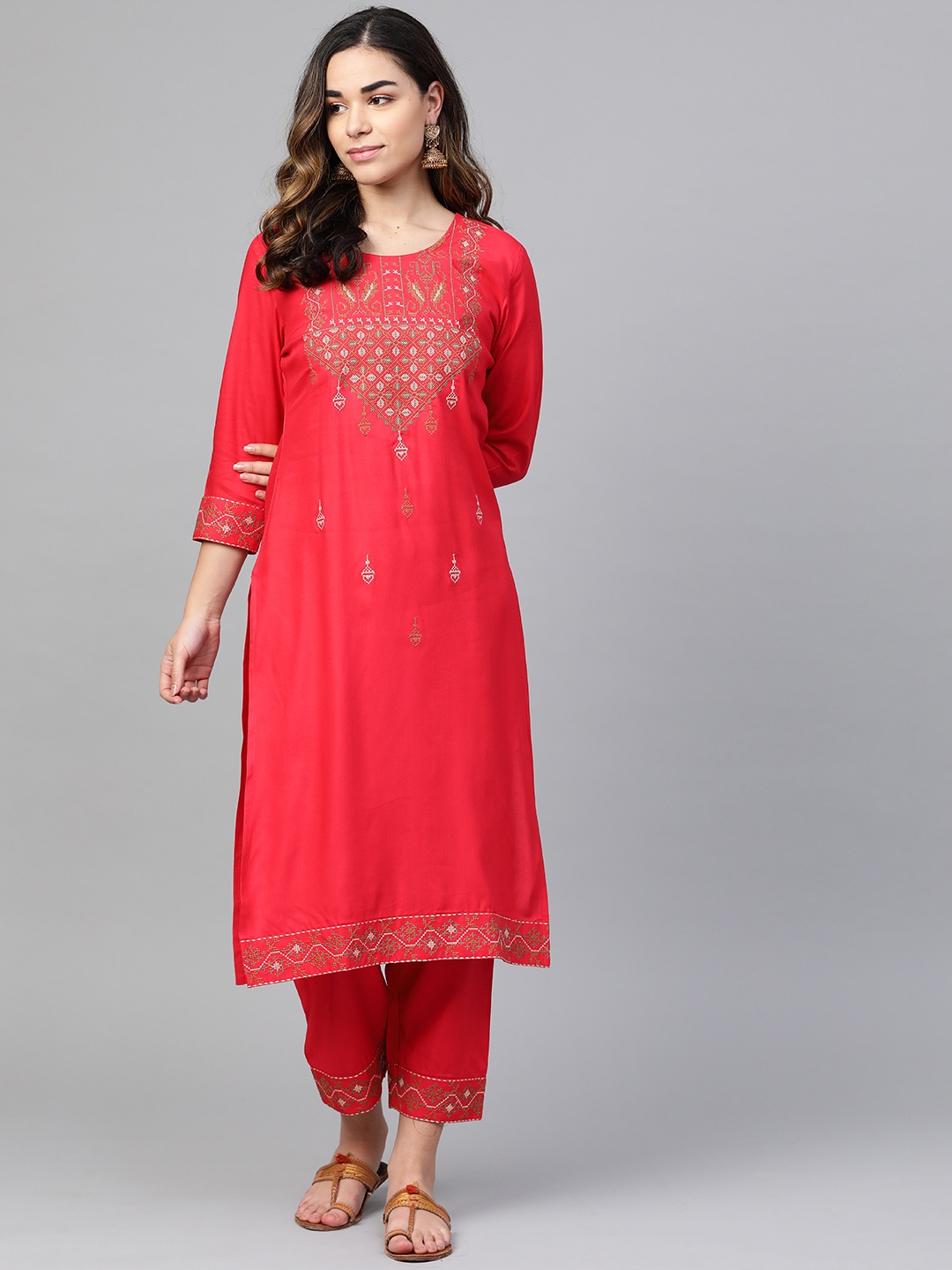 

Anubhutee Women Coral Red & Beige Embroidered Kurta with Trousers