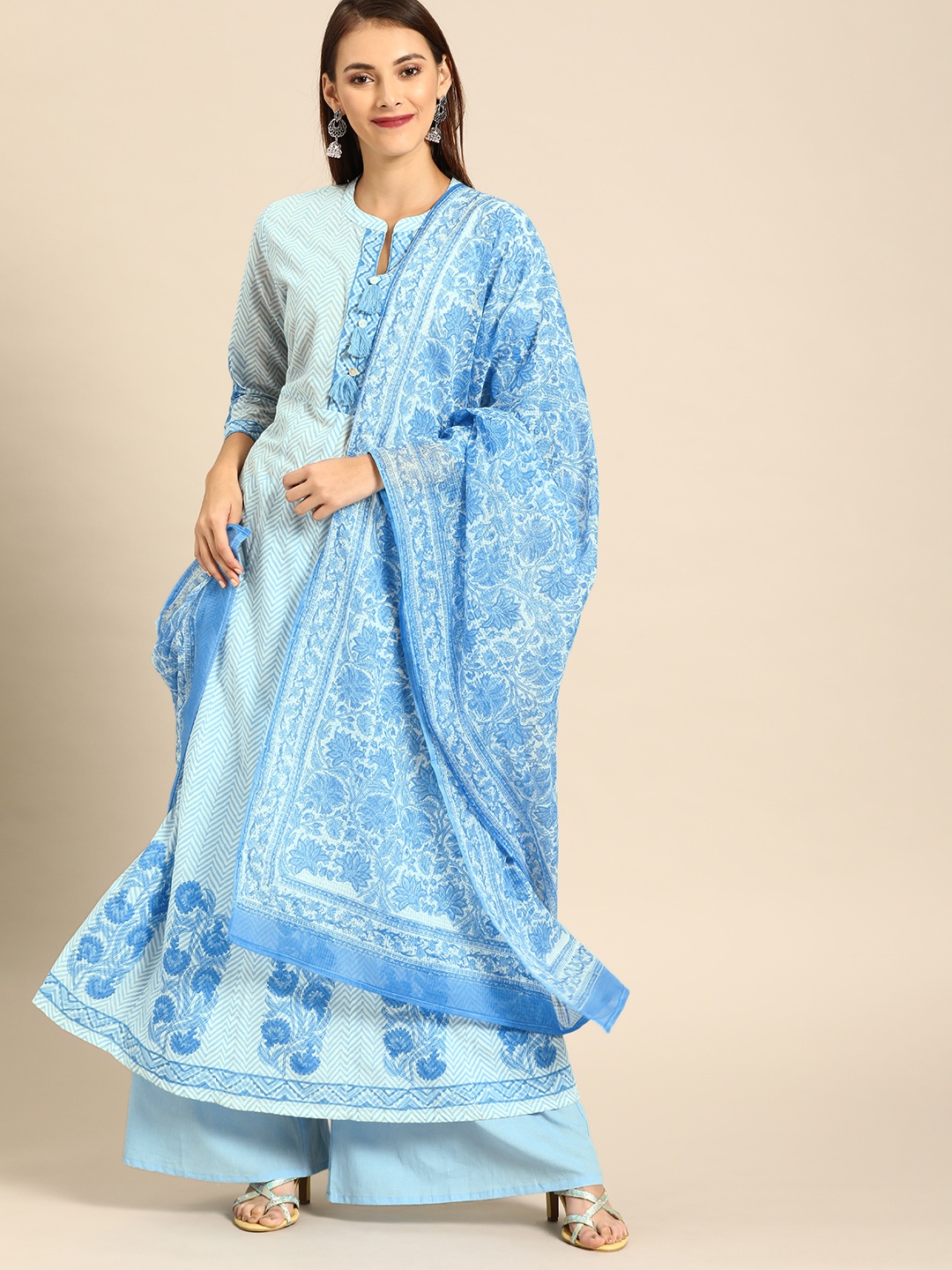 

Soch Women Blue & White Printed A-Line Kurta Set with Tassels