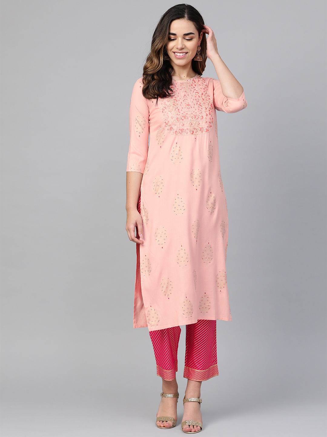 

Anubhutee Women Peach-Coloured & Pink Printed Kurta with Trousers