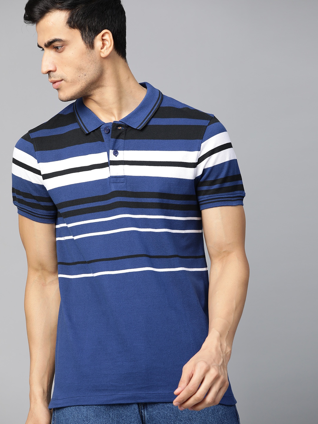

Roadster Men Navy Blue Striped Polo Collar T-shirt