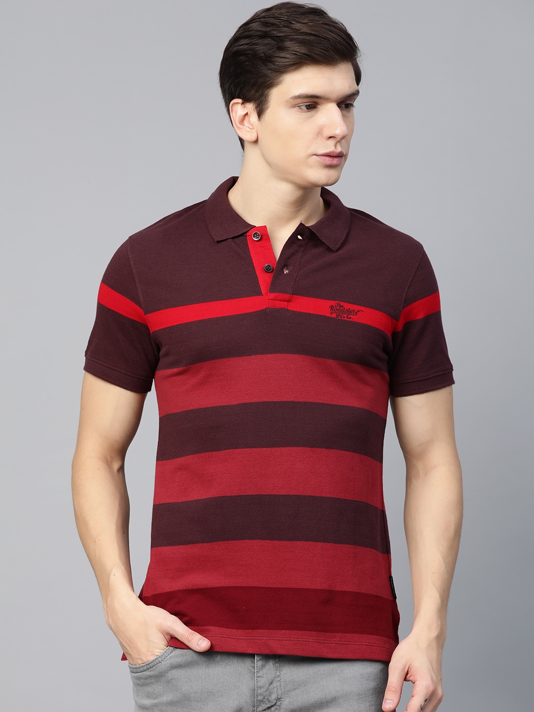 

Roadster Men Maroon Burgundy Striped Polo Collar Pure Cotton T-shirt