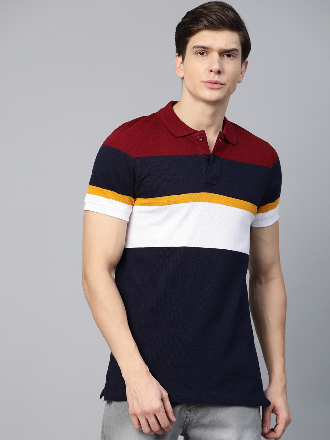 

Roadster Men Navy Blue White Striped Polo Collar Pure Cotton T-shirt