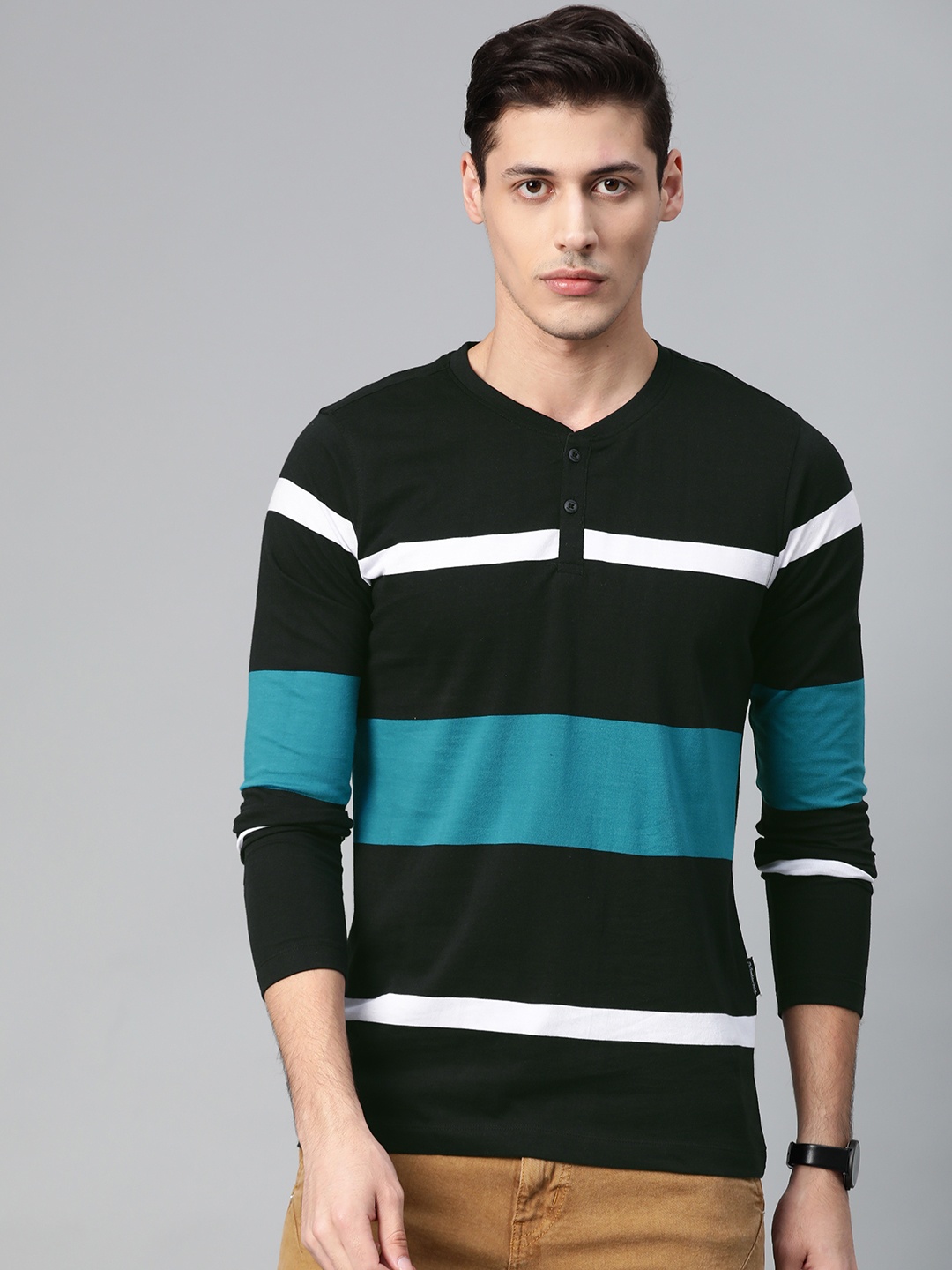 

Roadster Men Black Teal Blue Striped Henley Neck Pure Cotton T-shirt