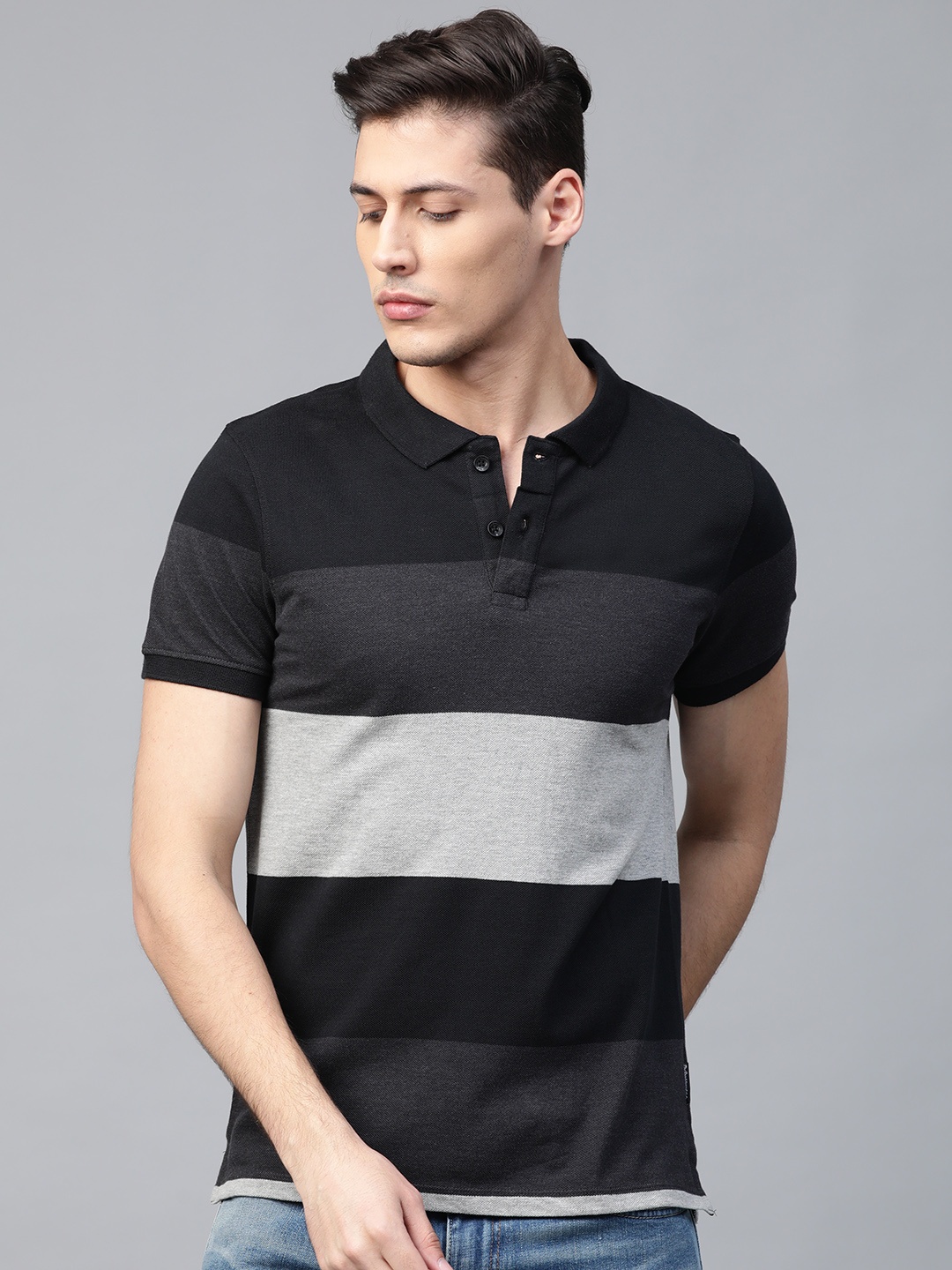 

Roadster Men Grey & Black Striped Polo Collar T-shirt