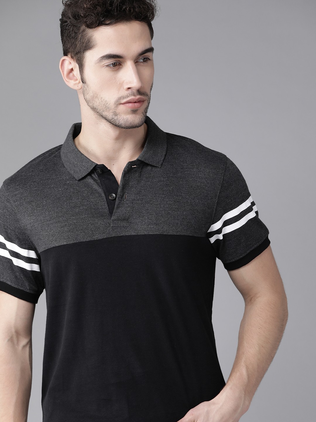 

Roadster Men Black & Charcoal Grey Colourblocked Polo Collar T-shirt