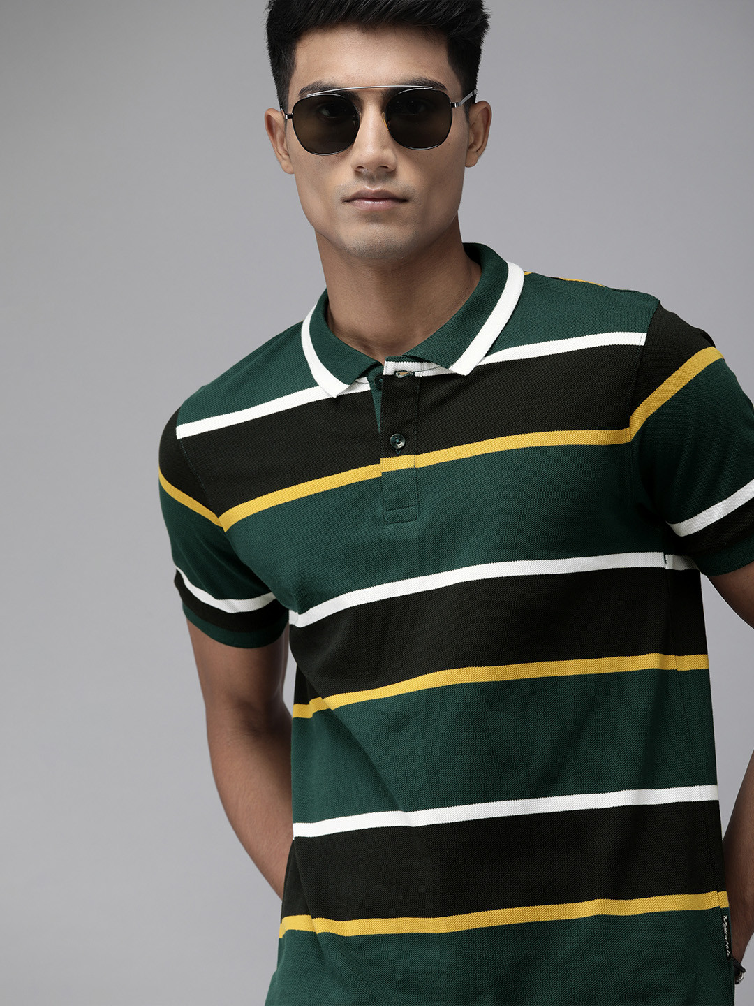 

Roadster Men Green Black Striped Polo Collar Pure Cotton T-shirt