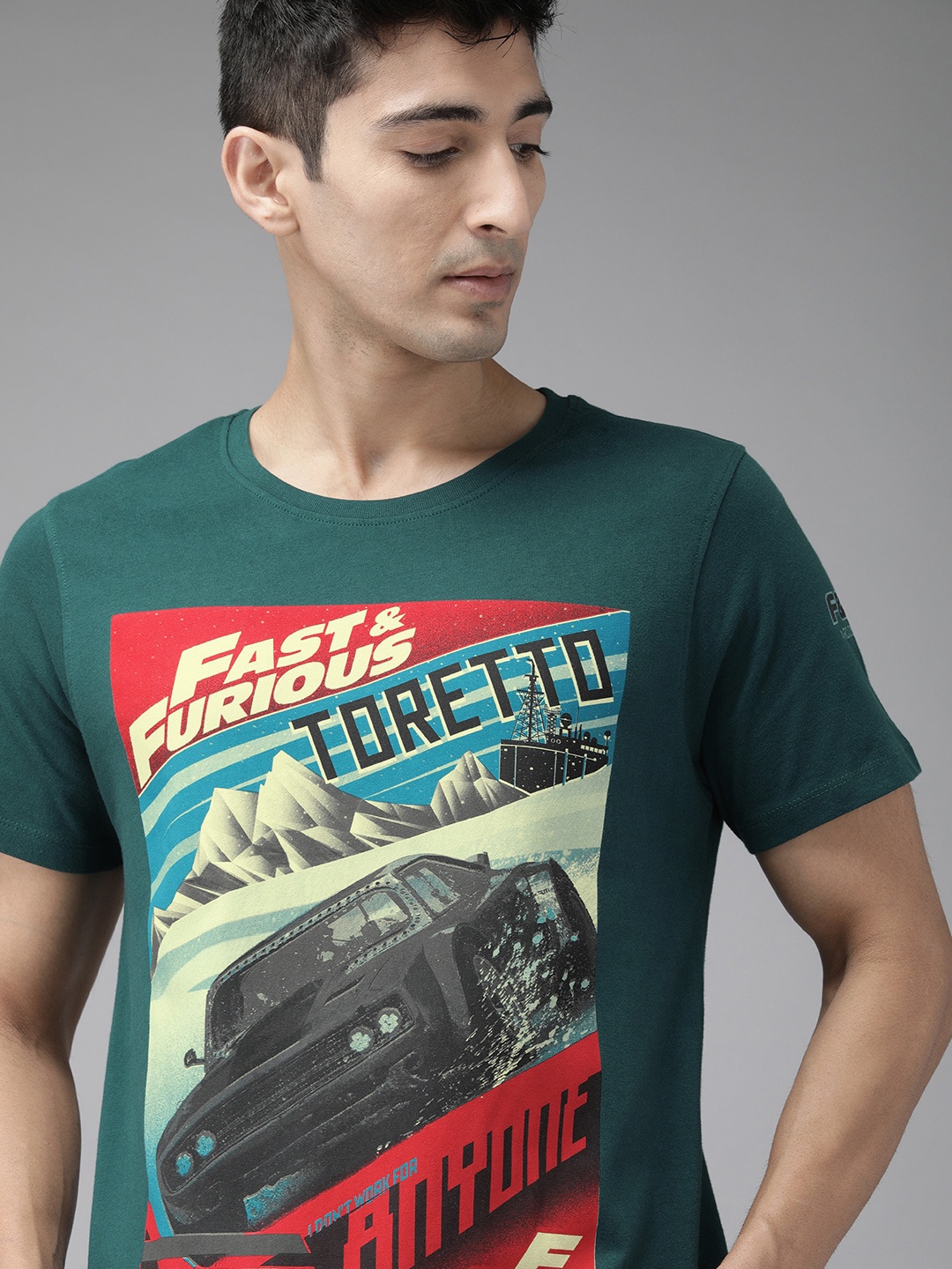 

Roadster Men Teal Green Printed Round Neck Pure Cotton T-shirt